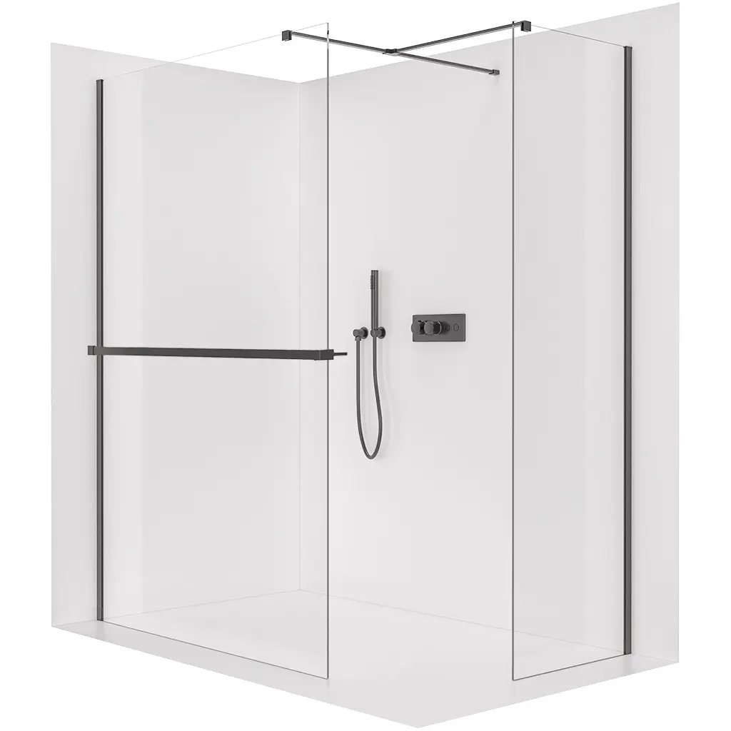 CERANO Sprchová zástěna Walk-in Onyx T L/P 10 mm hranatá vzpěra + polička/držák na ručníky černá matná, transparentní sklo- 130x130x200 CER-8050BD9531