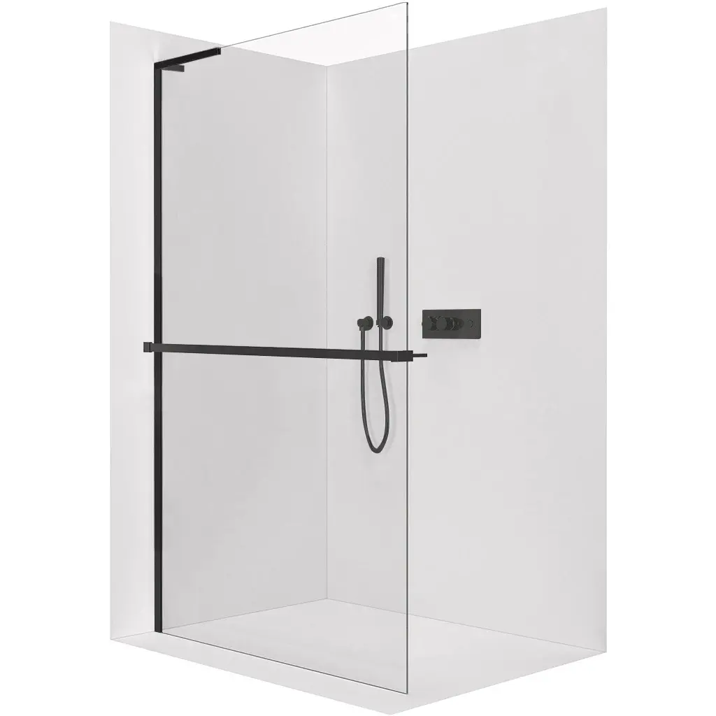 Sprchová zástěna Walk-in Onyx L-levá vzpěra - 10 mm + polička/držák na ručníky - černá matná, transparentní sklo - 110x200 cm