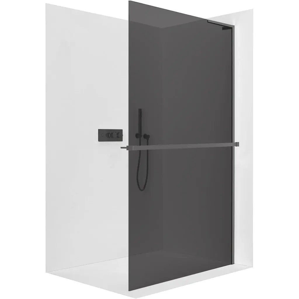 Sprchová zástěna Walk-in Onyx L-pravá vzpěra - 10 mm + polička/držák na ručníky - černá matná, grafitové sklo - 90x200 cm
