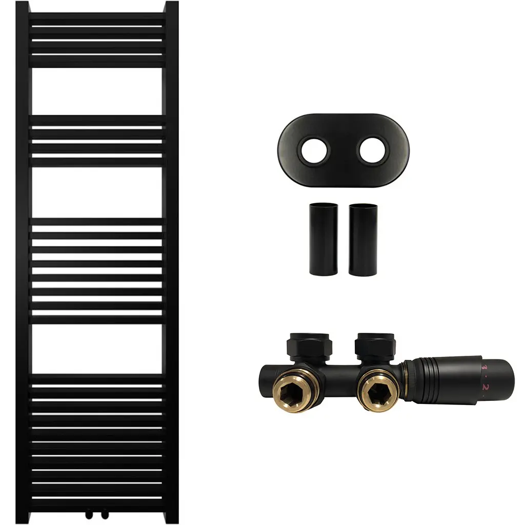 Koupelnový radiátorový set Franko - ústřední vytápění - středové připojení 50 mm - 514W - černá matná - 1600x500 mm