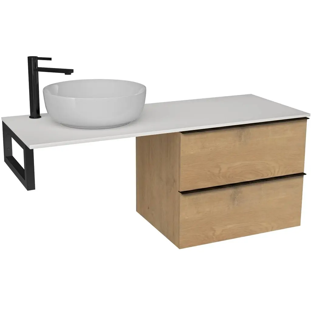 Koupelnová skříňka Velora - dub medový, úchytka černá + deska z lit. mramoru Elanys - 12 mm + konzole černá - 140x54,2x46,5 cm