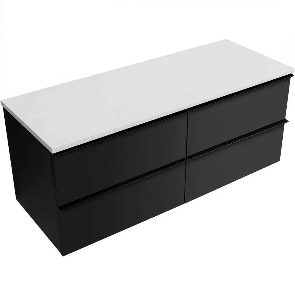 Koupelnová skříňka Velora - černá matná, úchytka černá + deska z lit. mramoru Elanys - 12 mm - bílá matná - 160x54,2x46,5 cm