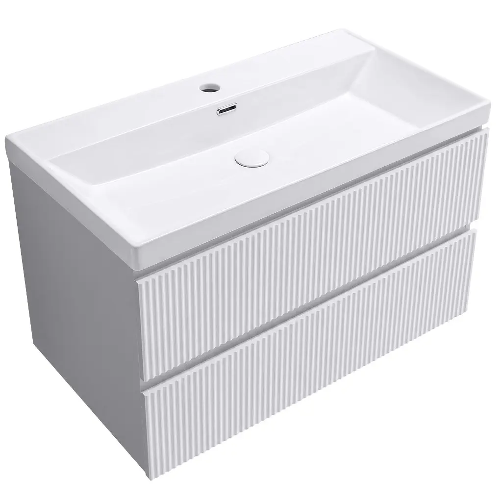 CERANO Koupelnová skříňka Carole bílá matná rýhovaná + keramické umyvadlo Viano bílá lesklá 100,9x53x46,4  CER-951928