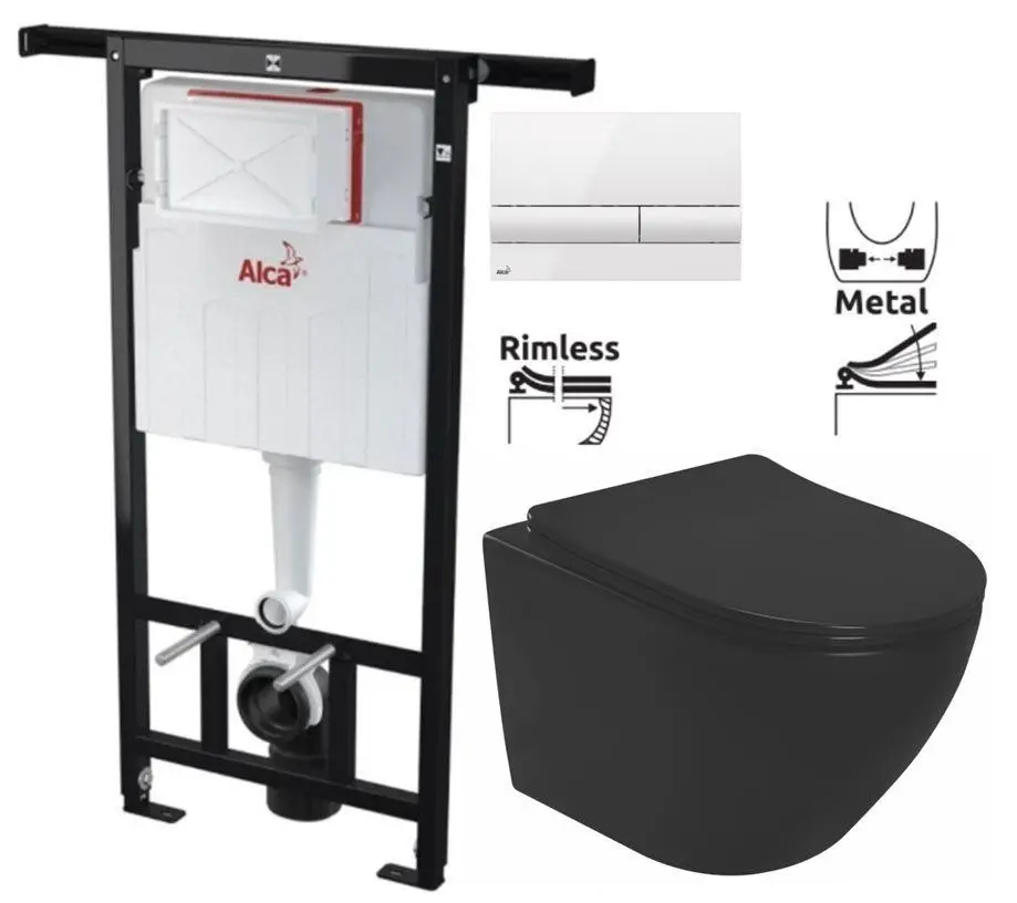 Předstěnový instalační systém s bílým tlačítkem M1710 + WC REA CARLO MINI RIMLESS ČIERNY MAT + SEDADLO AM102/1120 M1710 MM1