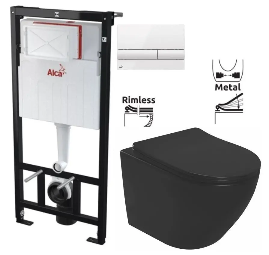 Předstěnový instalační systém s bílým tlačítkem M1710 + WC REA CARLO MINI RIMLESS ČIERNY MAT + SEDADLO AM101/1120 M1710 MM1