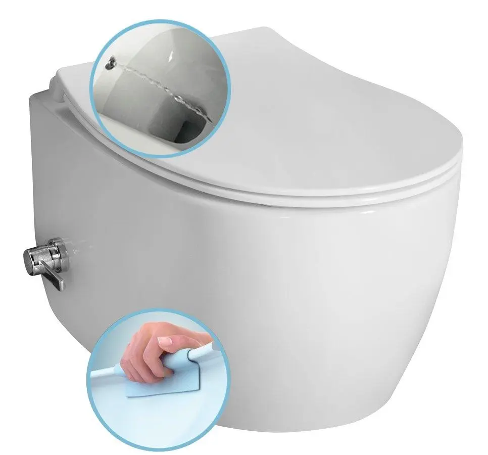 Isvea SENTIMENTI CLEANWASH závěsná WC mísa, integrovaný ventil a bidet. sprška, Rimless, 36x51cm, bílá