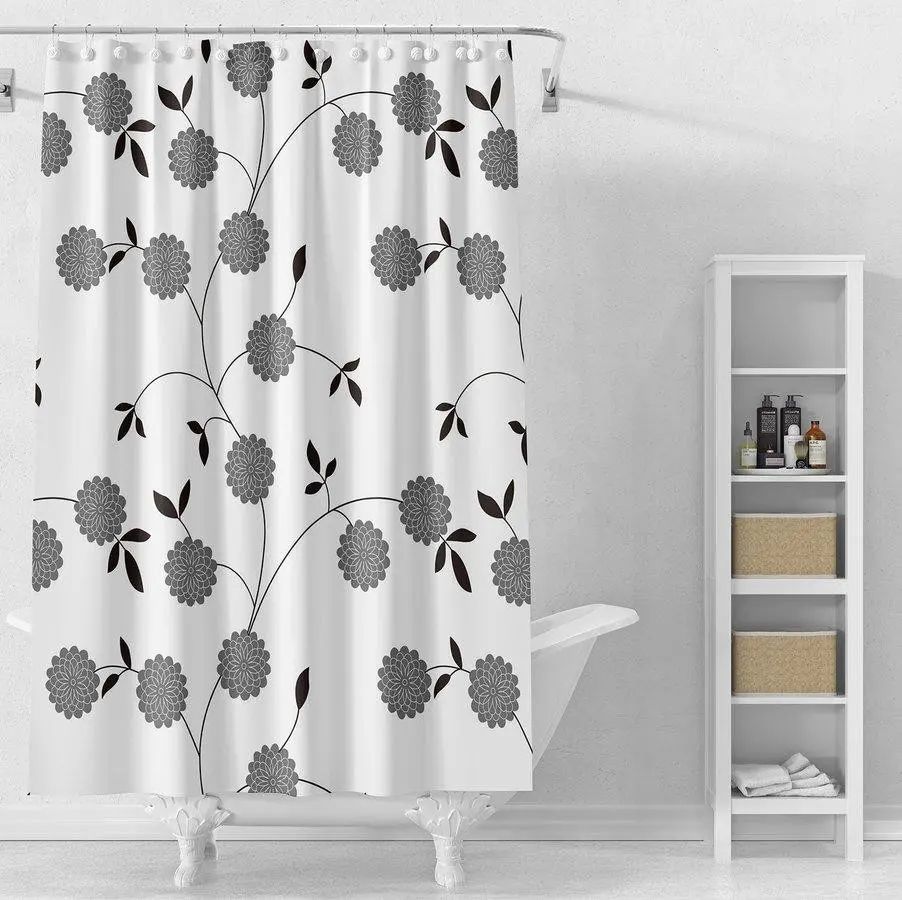 AQUALINE - Sprchový závěs 180x180cm, PEVA, bílá, černé kytky ZV037