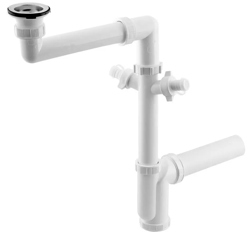 Bruckner Dřezový sifon šetřící místo, 2x odbočka, nerez výpust se zátkou, 6/4", DN40, bílá