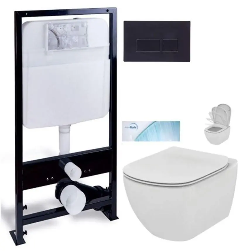 PRIM předstěnový instalační systém s černým tlačítkem 20/0044 + WC Ideal Standard Tesi se sedátkem SoftClose, AquaBlade PRIM_20/0026 44 TE1