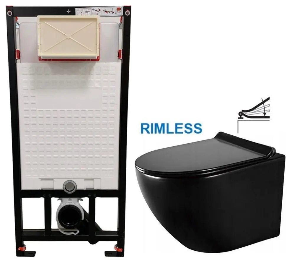 DEANTE Podomítkový rám, pro závěsné WC mísy bez tlačítka + WC MEXEN LENA ČERNÁ Rimless + SEDÁTKO CST_WC01 X ME01