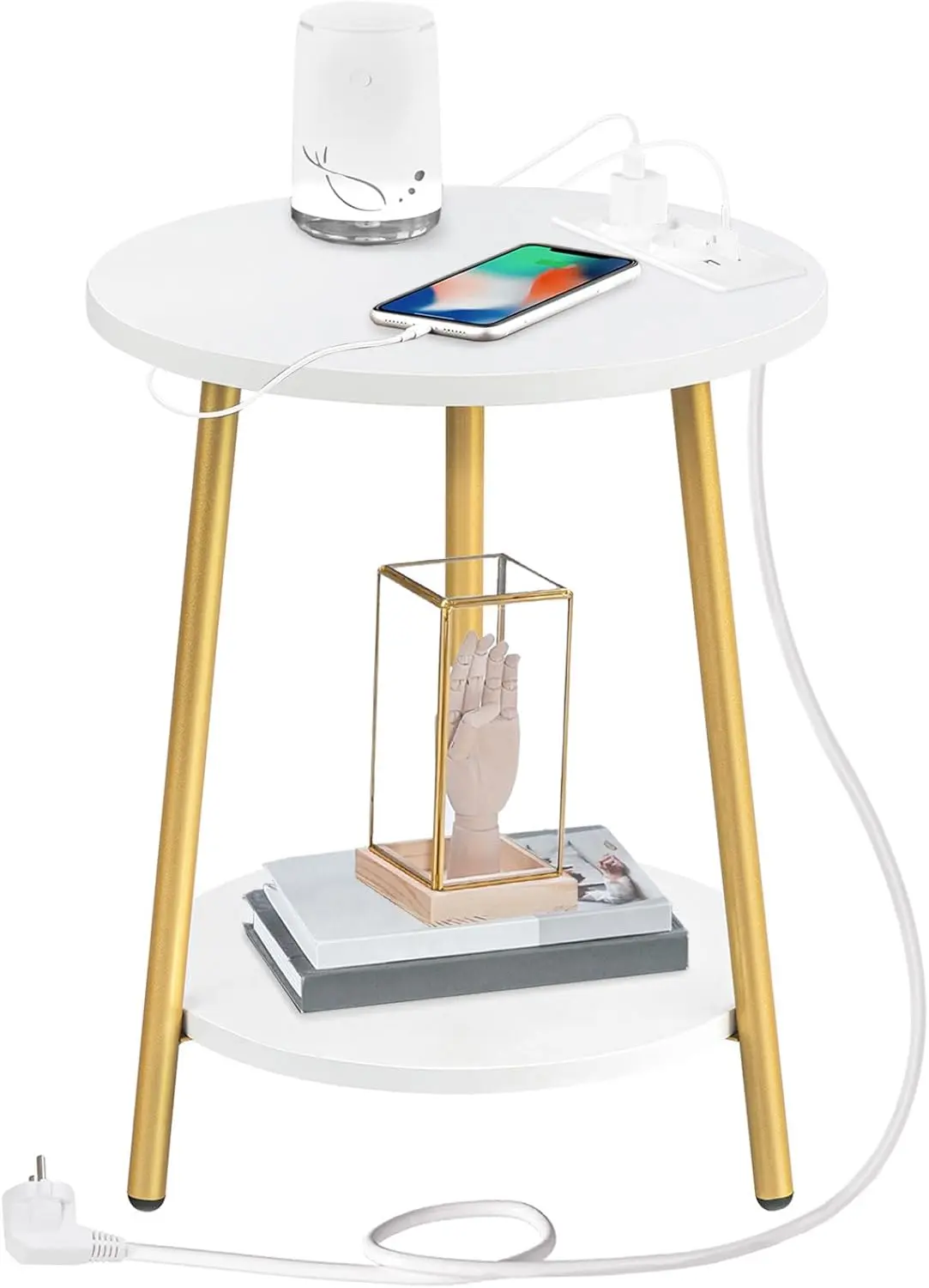 Kulatý odkládací stolek Vasagle Luretta 40 cm s nabíjecí stanicí bílý/zlatý