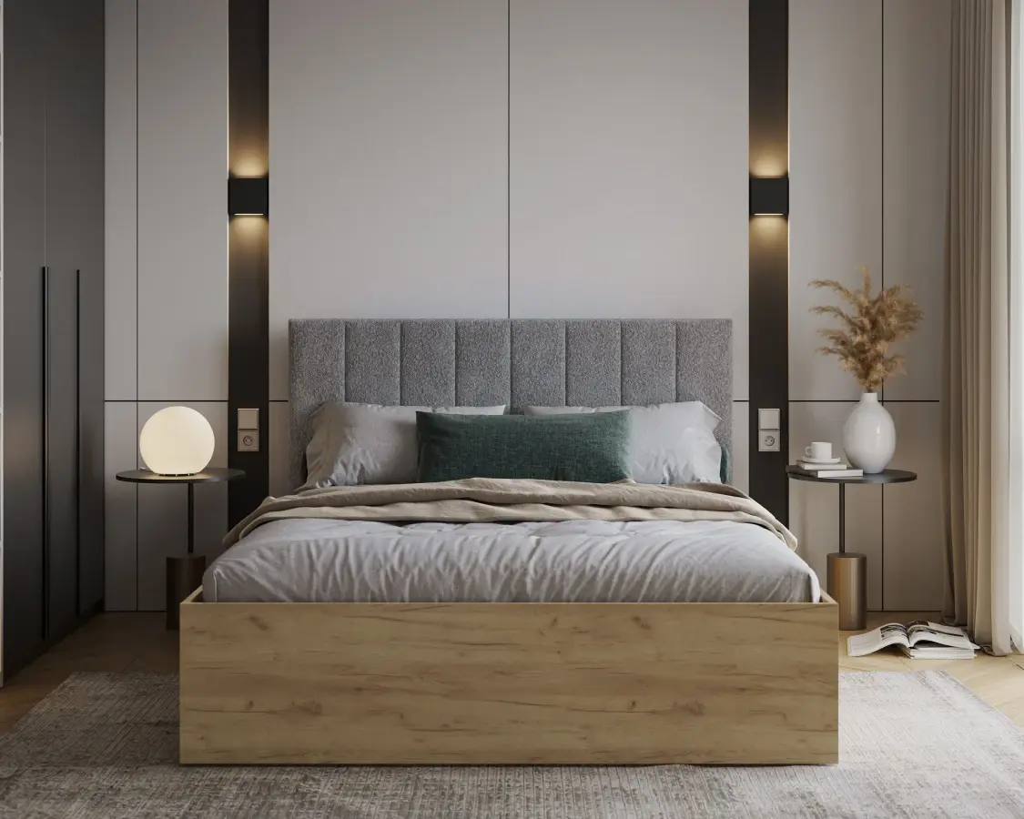 FDM Postel Grenada se zvedacím roštem bouclé šedá/dub craft, velikost 140x200