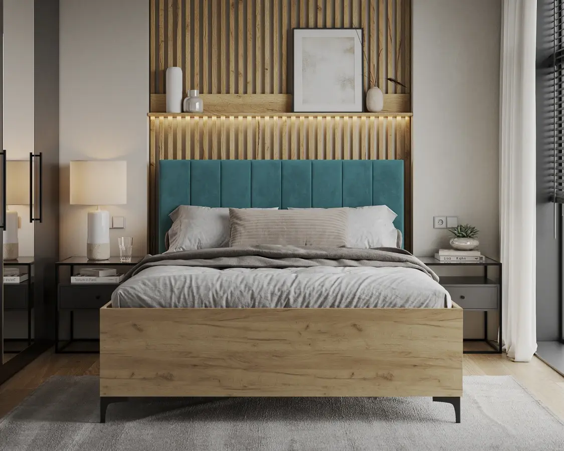 FDM Postel Sierra se zvedacím roštem Trinity tyrkysová/dub craft, velikost 160x200