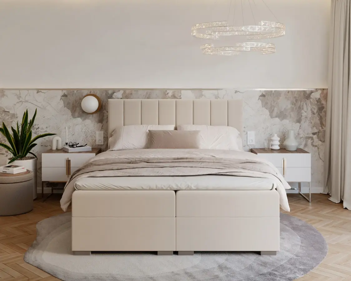 FDM Dvoulůžková boxspringová postel Lincoln se zvedacím roštem Paris krémová, velikost 140x200