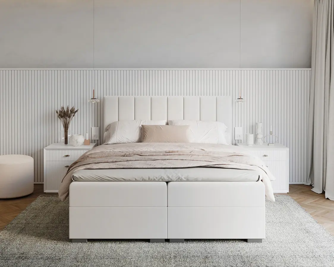 FDM Dvoulůžková boxspringová postel Lincoln se zvedacím roštem Paris bílá, velikost 140x200