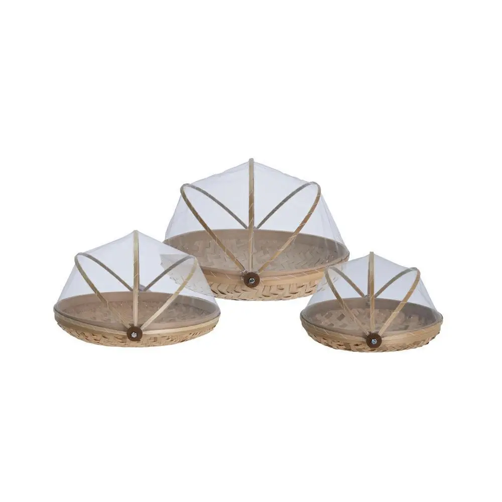 Excellent Houseware Sada 3 ks bambusových podnosů s moskytiérou YOLIA hnědá