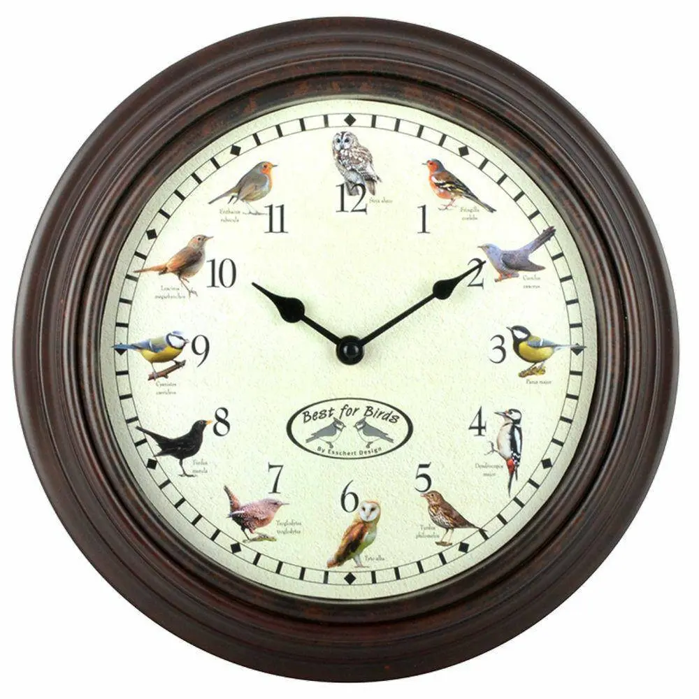 Esschert Design Hodiny se zvuky ptáků Birdse 30 cm hnědé