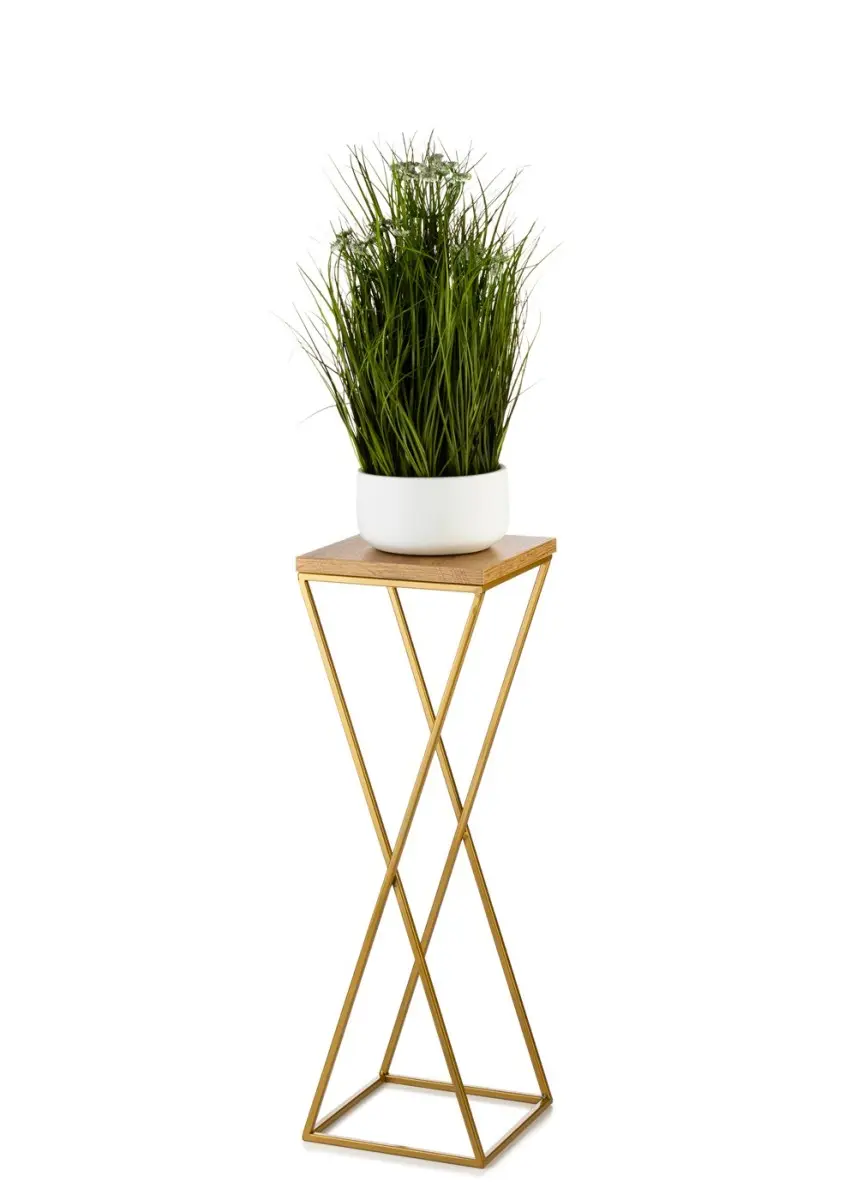 HowHomely Květinový stojan LOFT 70 cm zlatý/dub lancelot