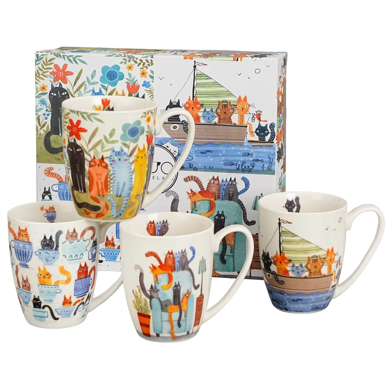 Duo Sada 4 ks porcelánových hrnků Kočíčí svět 360 ml vícebarevná