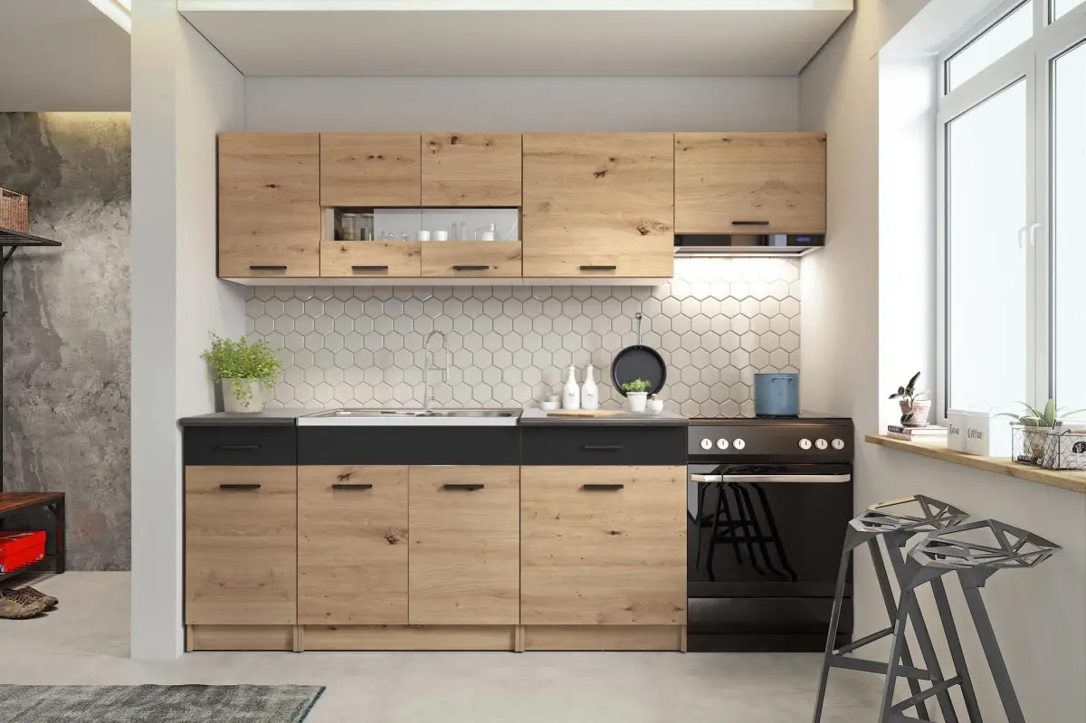 HALMAR Kuchyňská linka Alena 240 cm dub artisan/černý mat