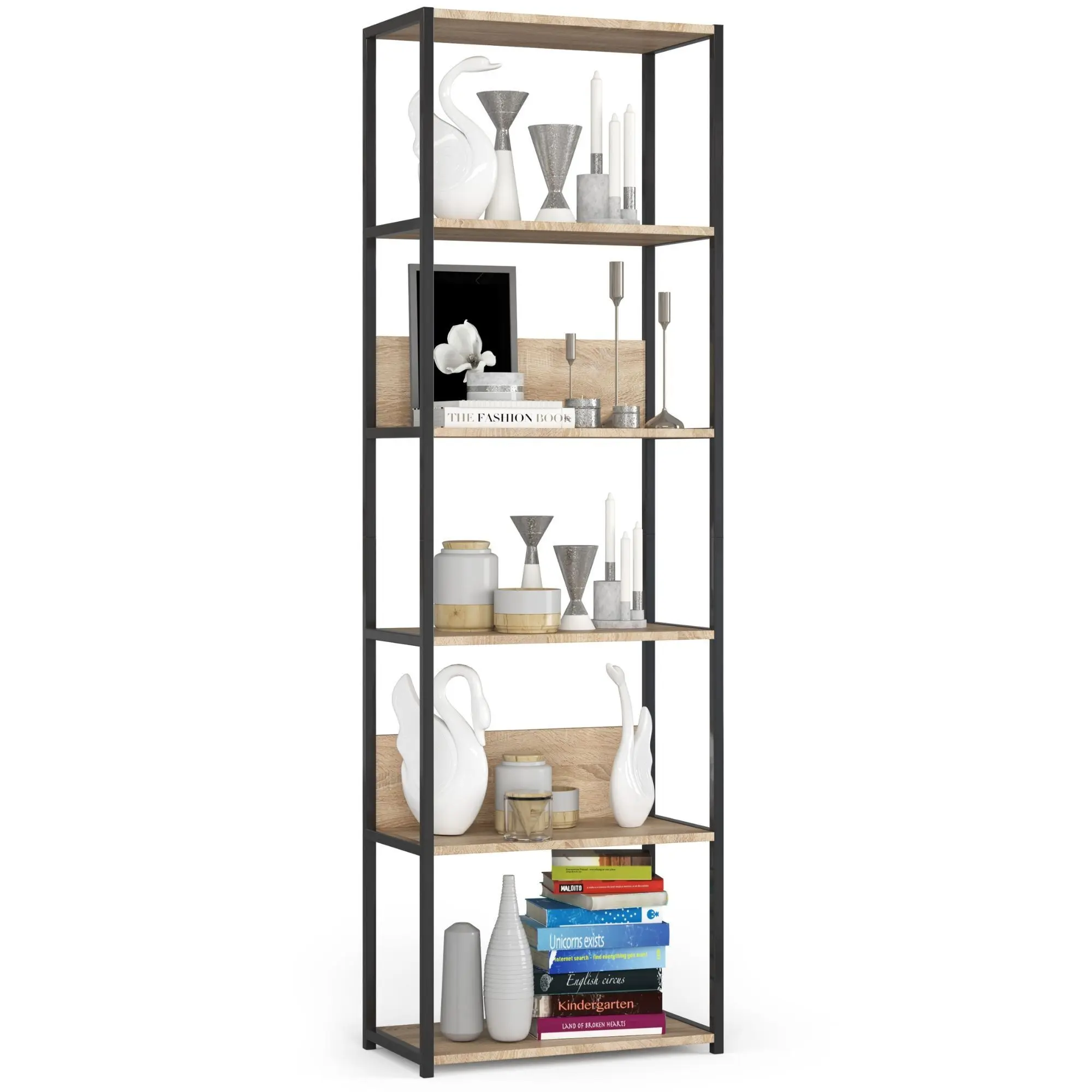 Kovový regál 60 cm, 6 polic, černý / dub sonoma