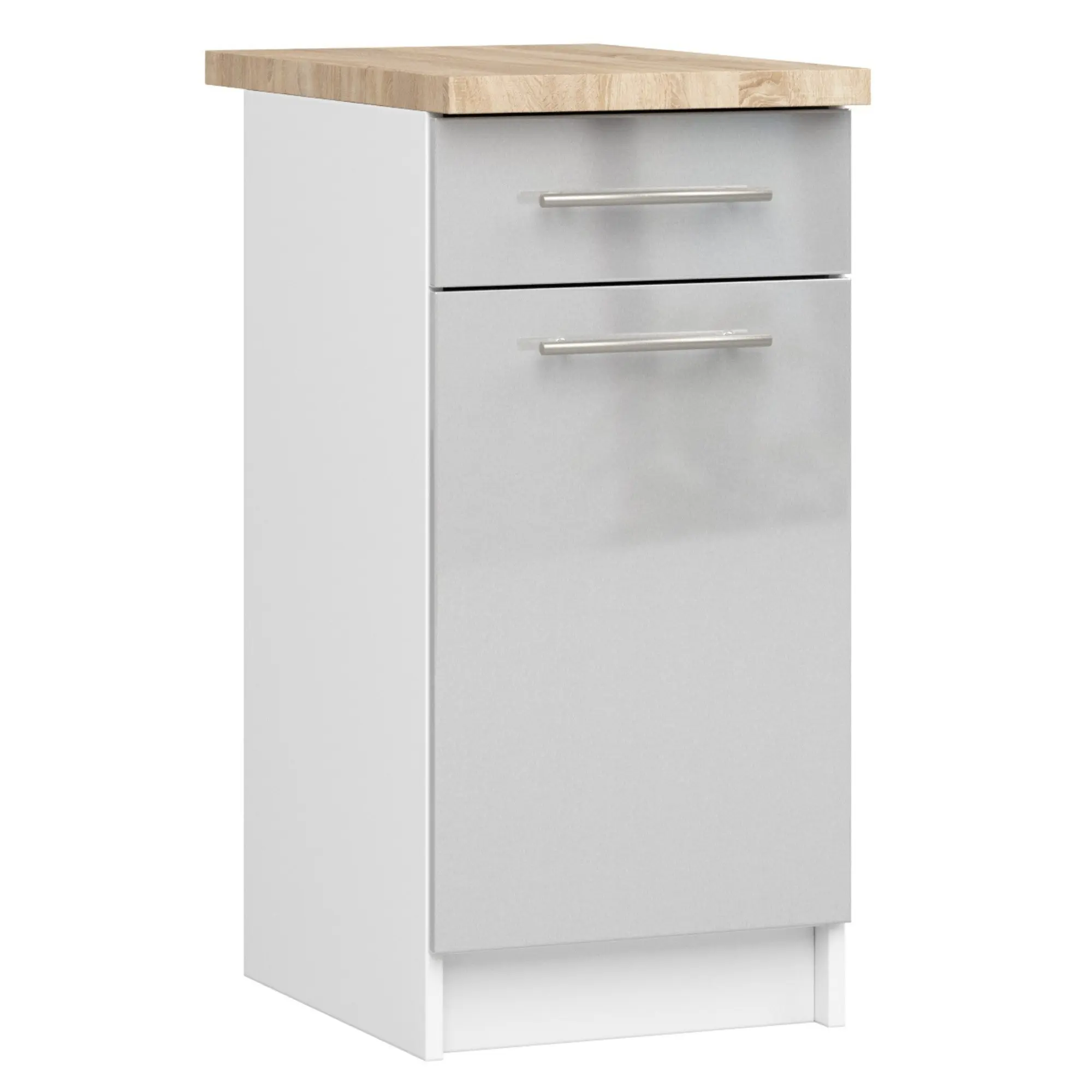 Ak furniture Kuchyňská skříňka Olivie S 40 cm 1D 1S bílá/metalický lesk/dub sonoma