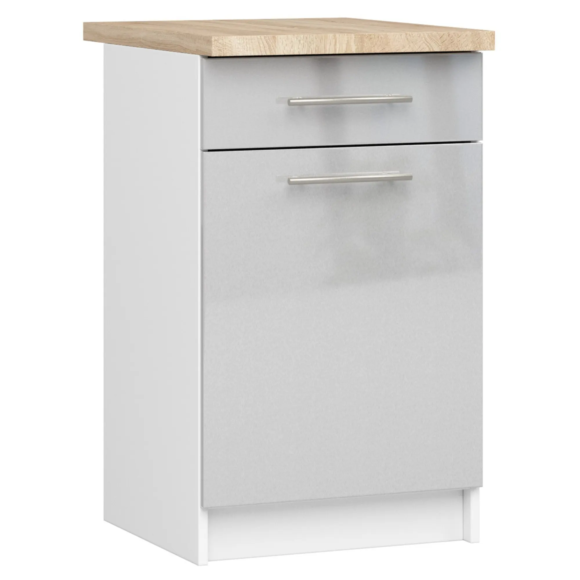 Ak furniture Kuchyňská skříňka Olivie S 50 cm 1D 1S bílá/metalický lesk/dub sonoma