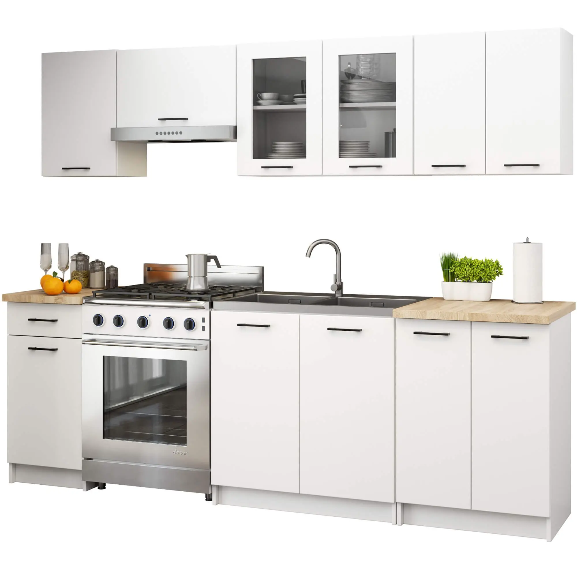 Ak furniture Kuchyňská linka Olivie 2,4 m prosklená dub sonoma/bílá