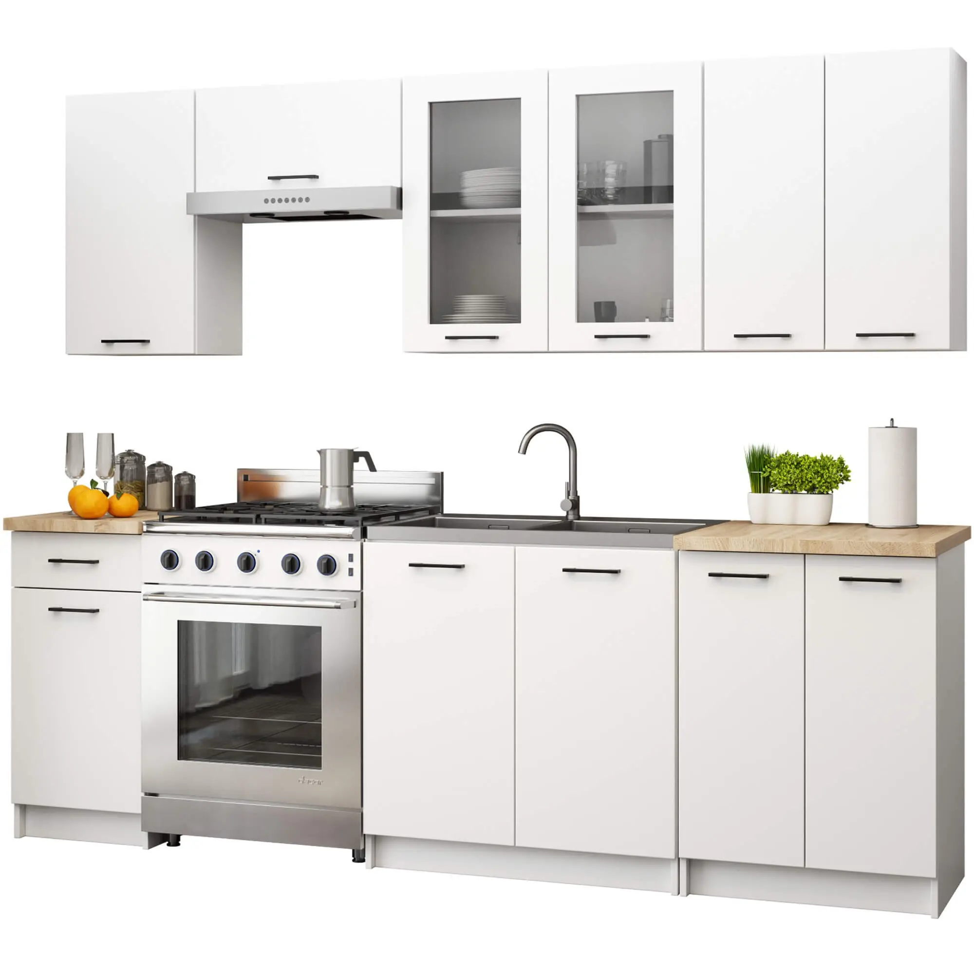 Ak furniture Kuchyňská linka Olivie 2,4 m H720 prosklená bílá/dub sonoma