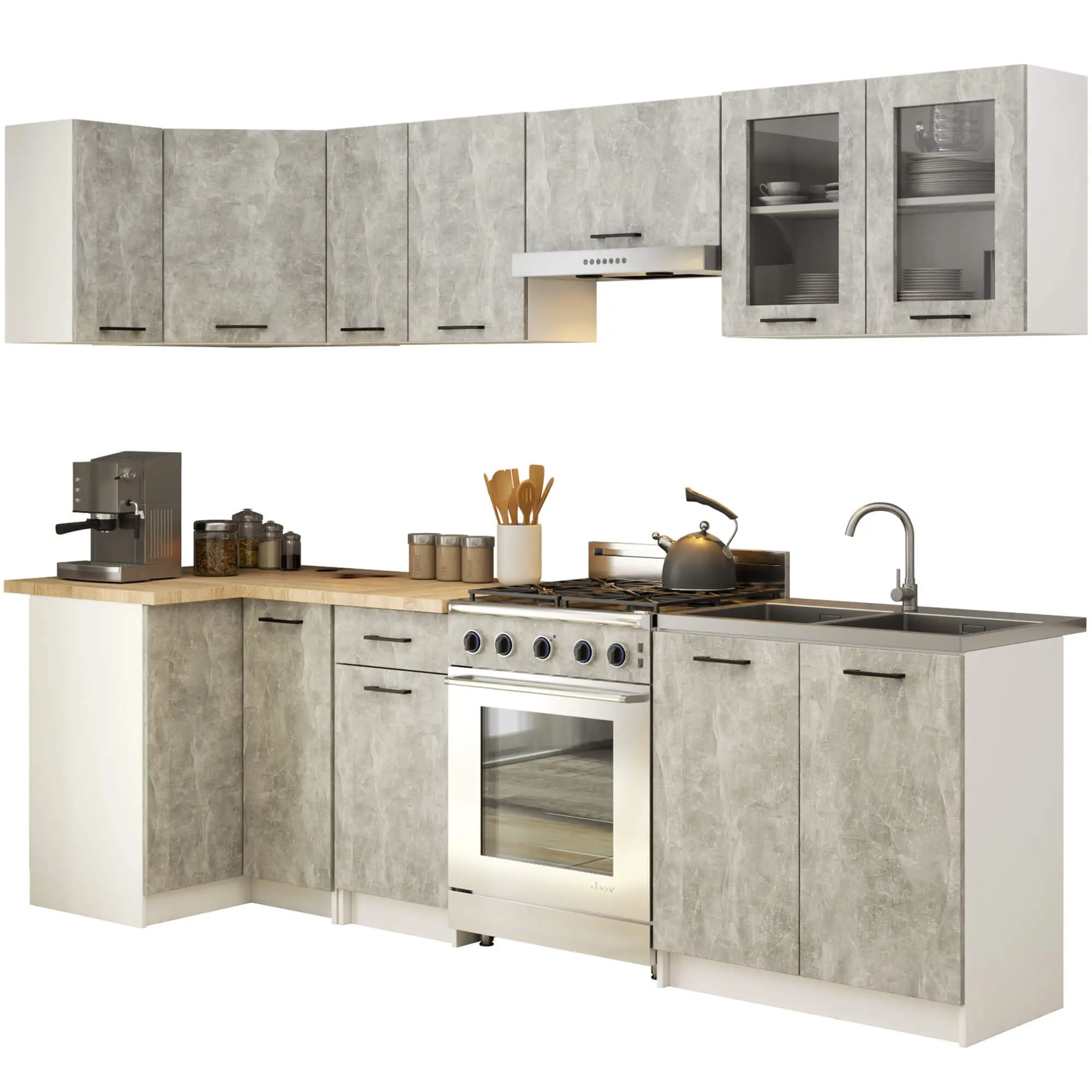 Ak furniture Kuchyňská rohová linka Olivie 3 m prosklená beton/dub sonoma