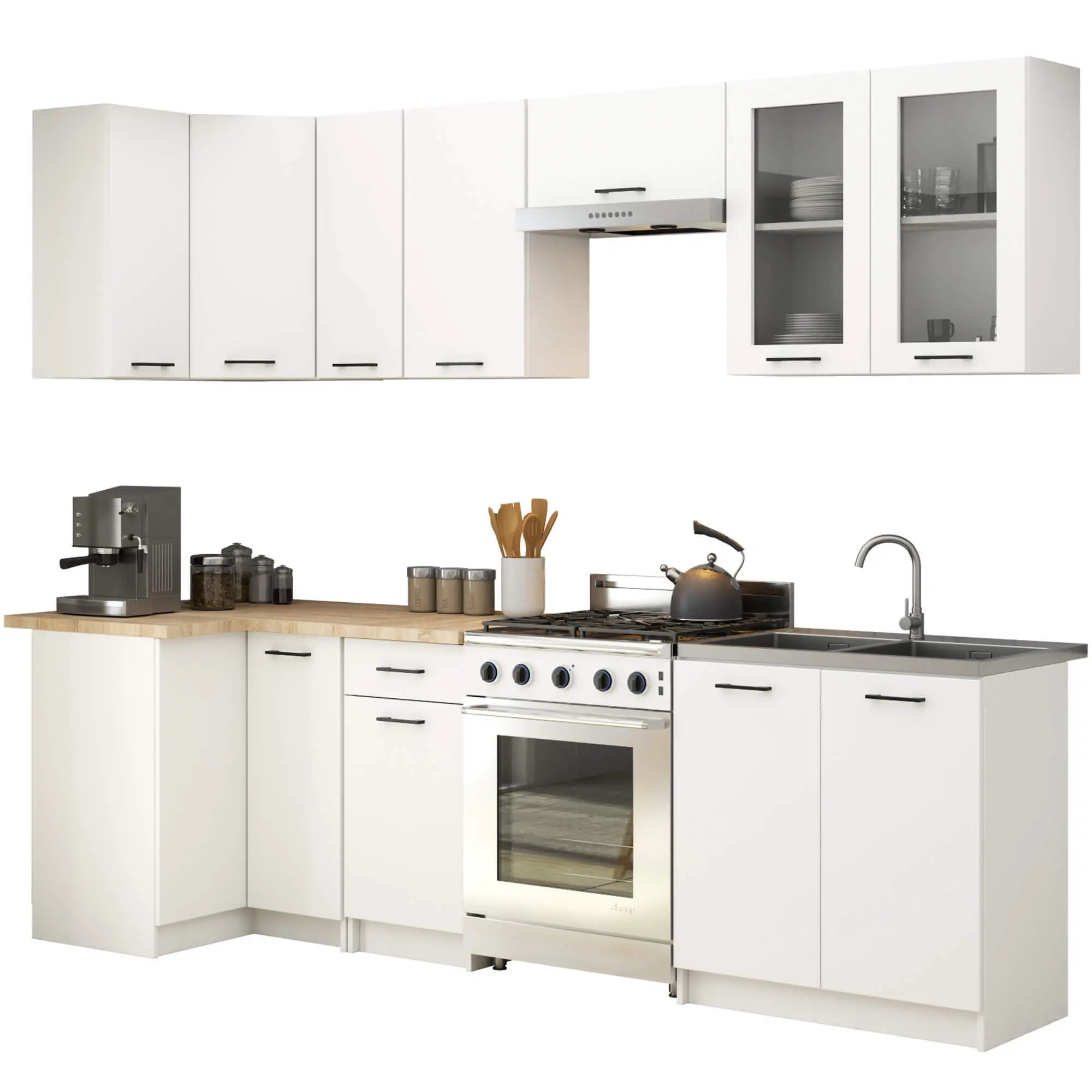 Ak furniture Kuchyňská rohová linka Olivie 3 m H720 prosklená bílá/dub sonoma