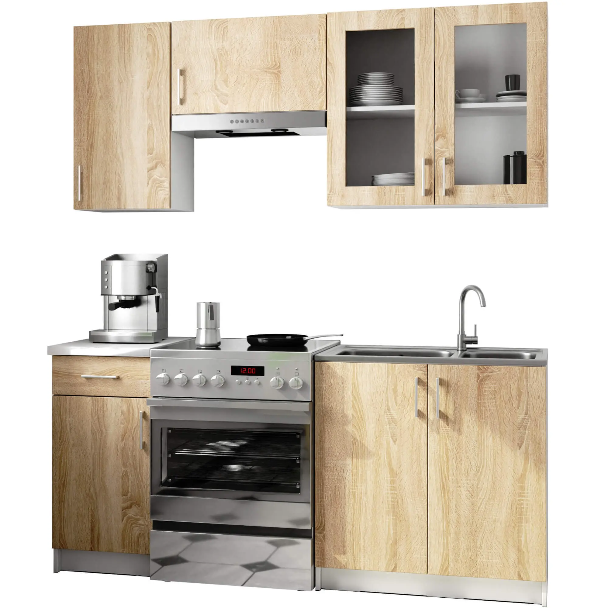 Ak furniture Kuchyňská linka Olivie 1,8 m H720 prosklená bílá/dub sonoma