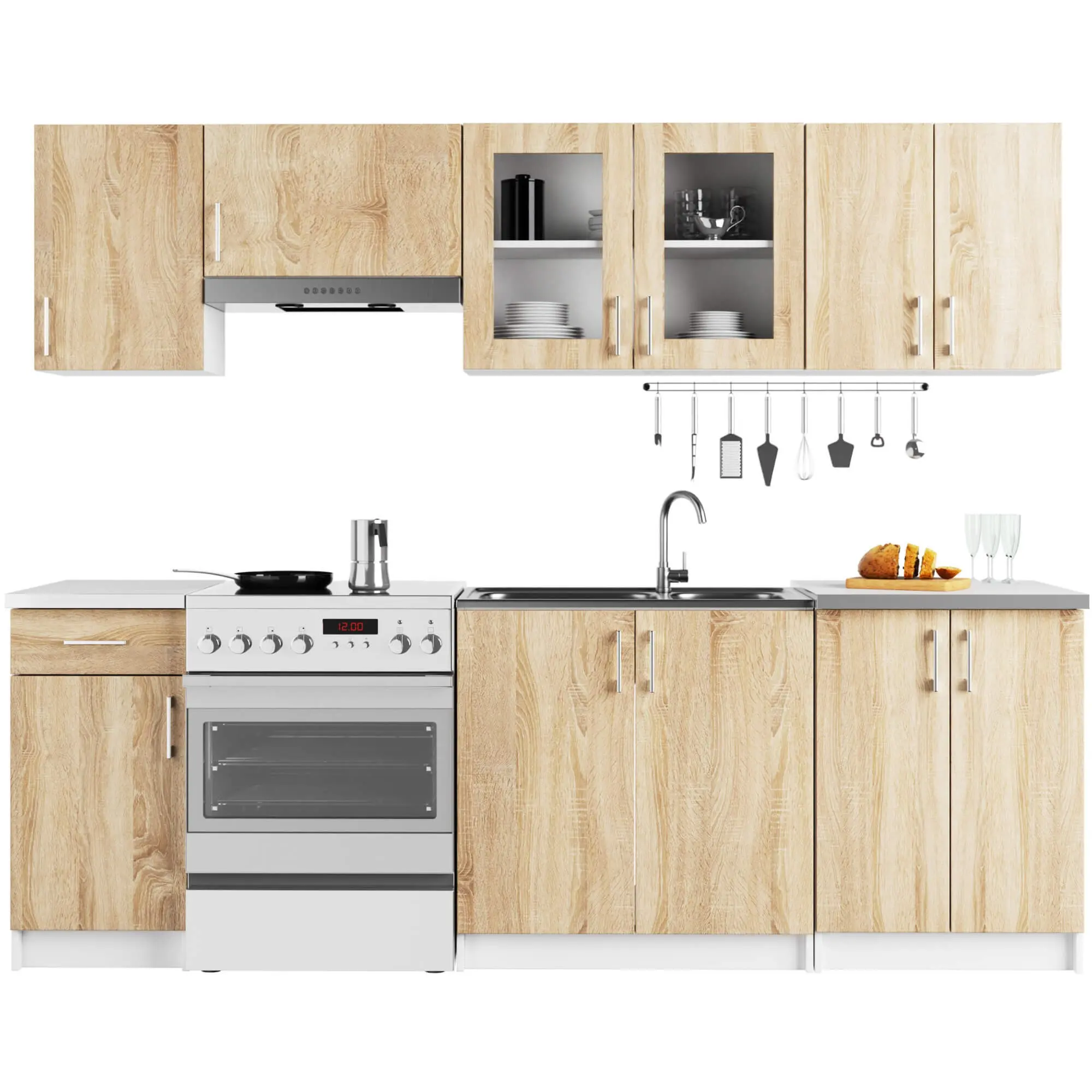 Ak furniture Kuchyňská linka Olivie 2,4 m prosklená bílá/dub sonoma