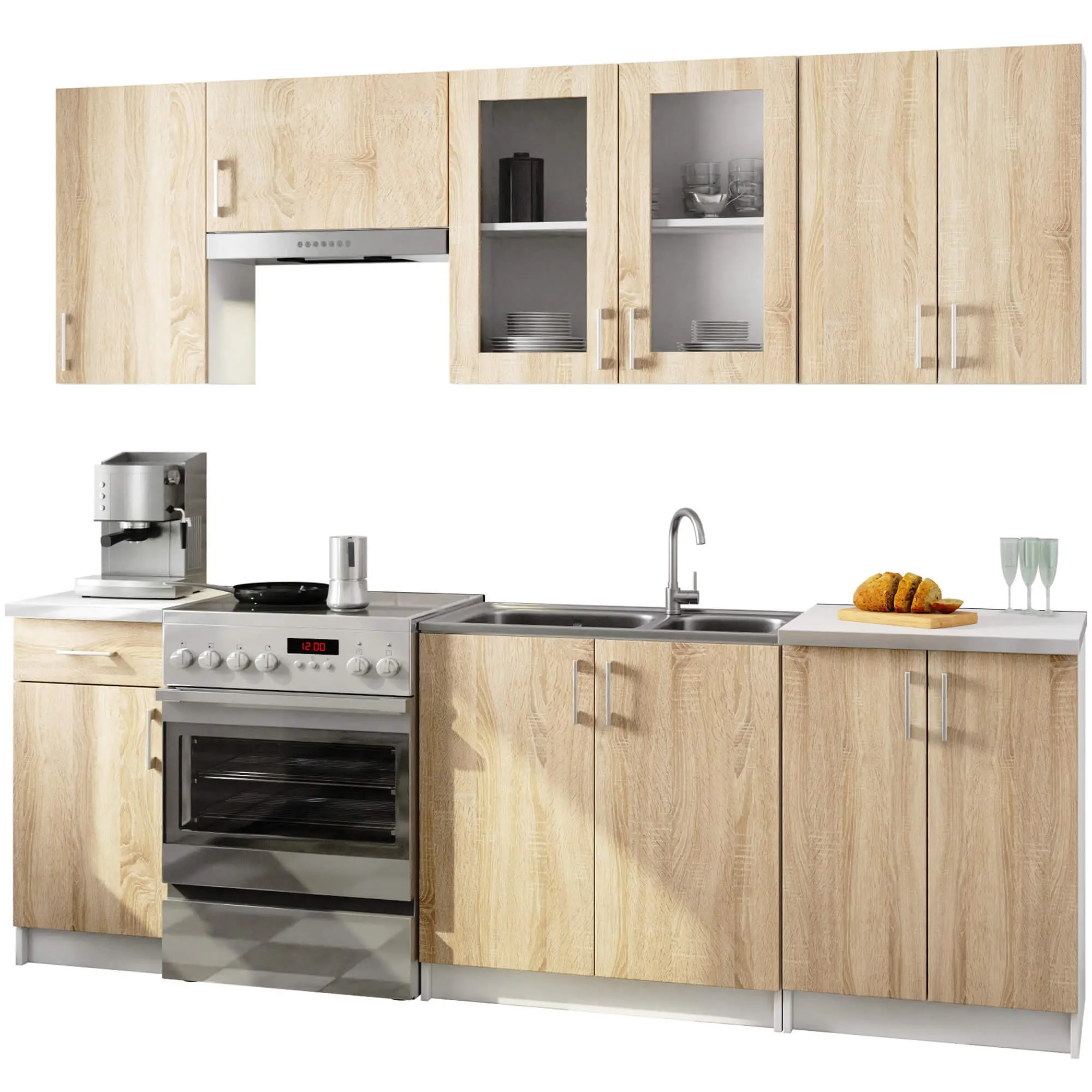 Ak furniture Kuchyňská linka Lima 240 cm prosklená bílá/dub sonoma