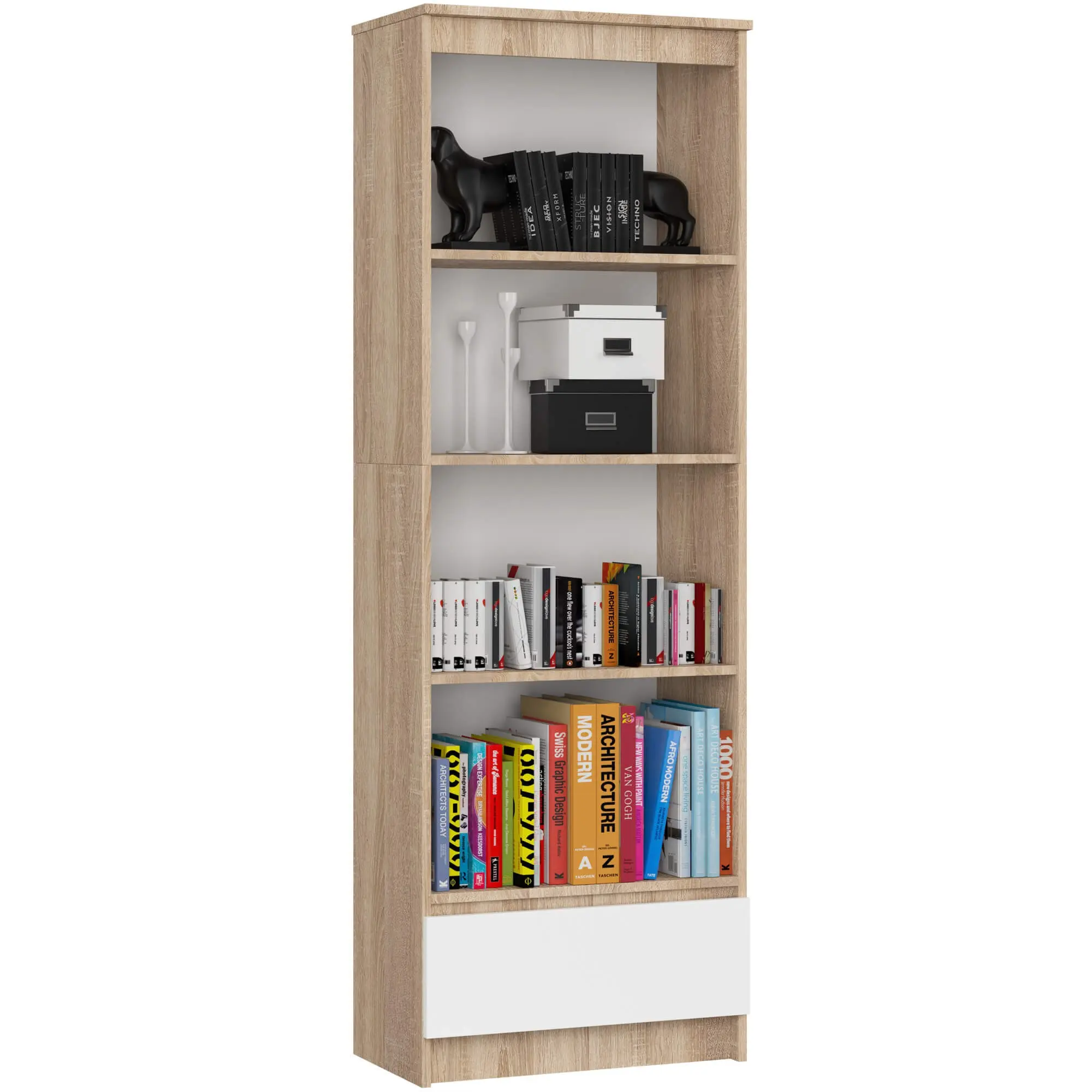 Ak furniture Kancelářský regál Rexa 60 cm 1 šuplík a 4 police dub sonoma/bílý