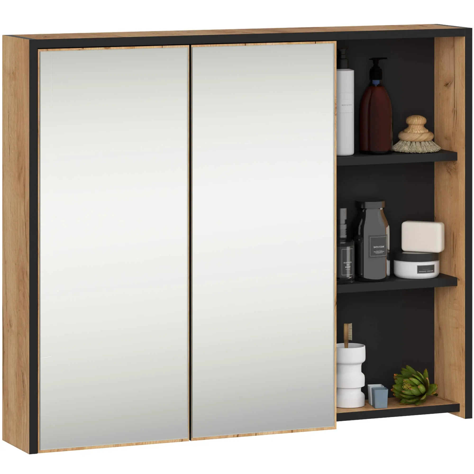Ak furniture Závěsná koupelnová skříňka se zrcadlem VAMI 90 cm dub craft/černá