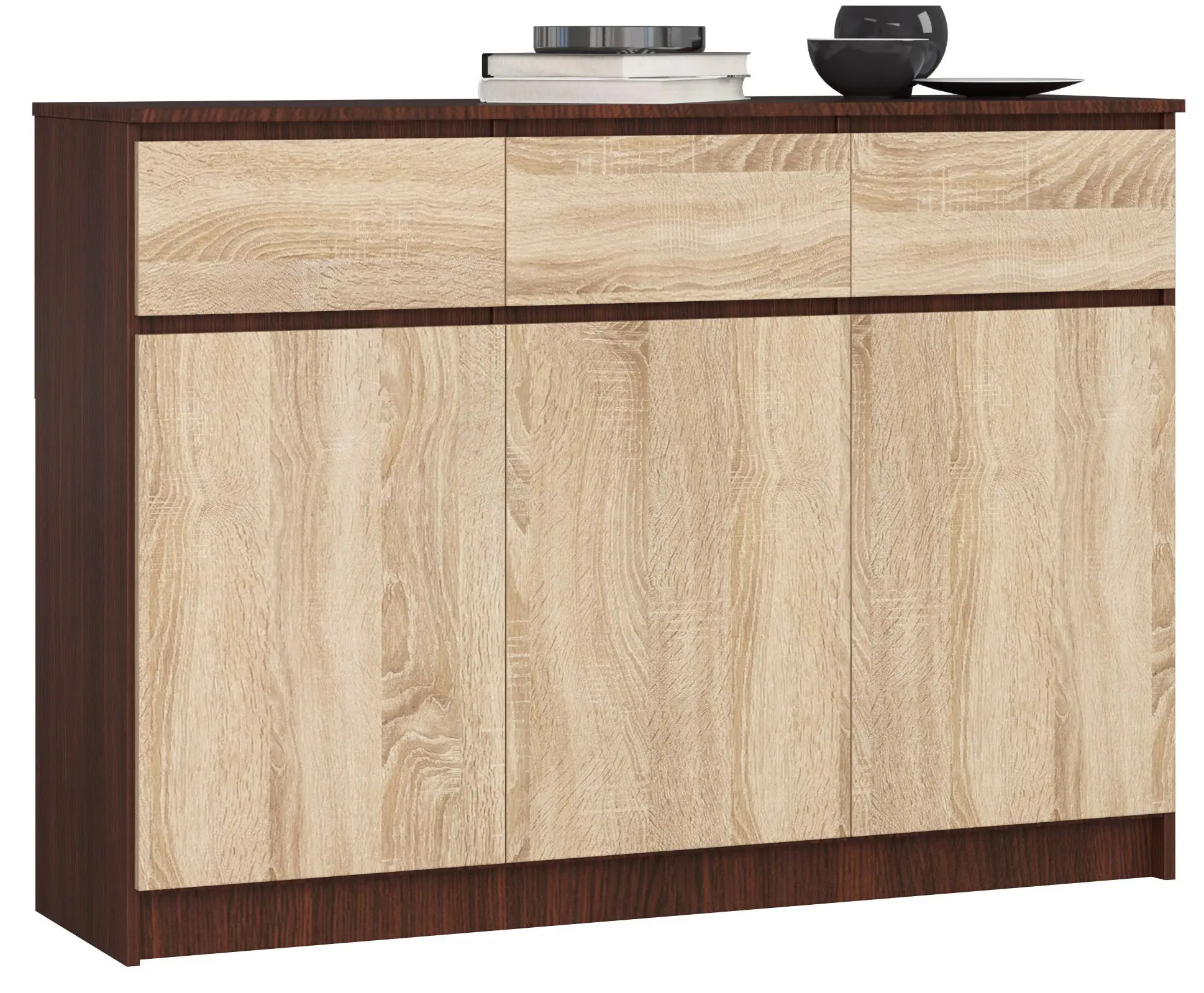 Ak furniture Komoda Karolína 140 cm 3 skříňky a 3 šuplíky wenge/sonoma