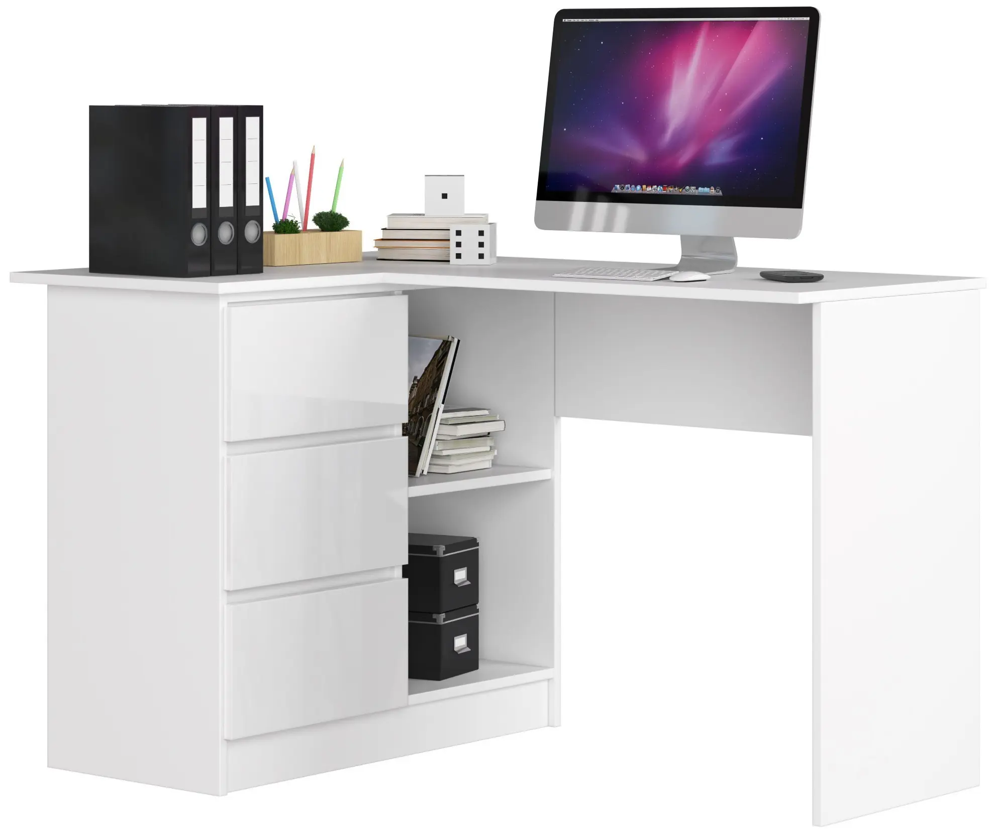Ak furniture Rohový psací stůl B16 124 cm bílý/bílý lesk levý