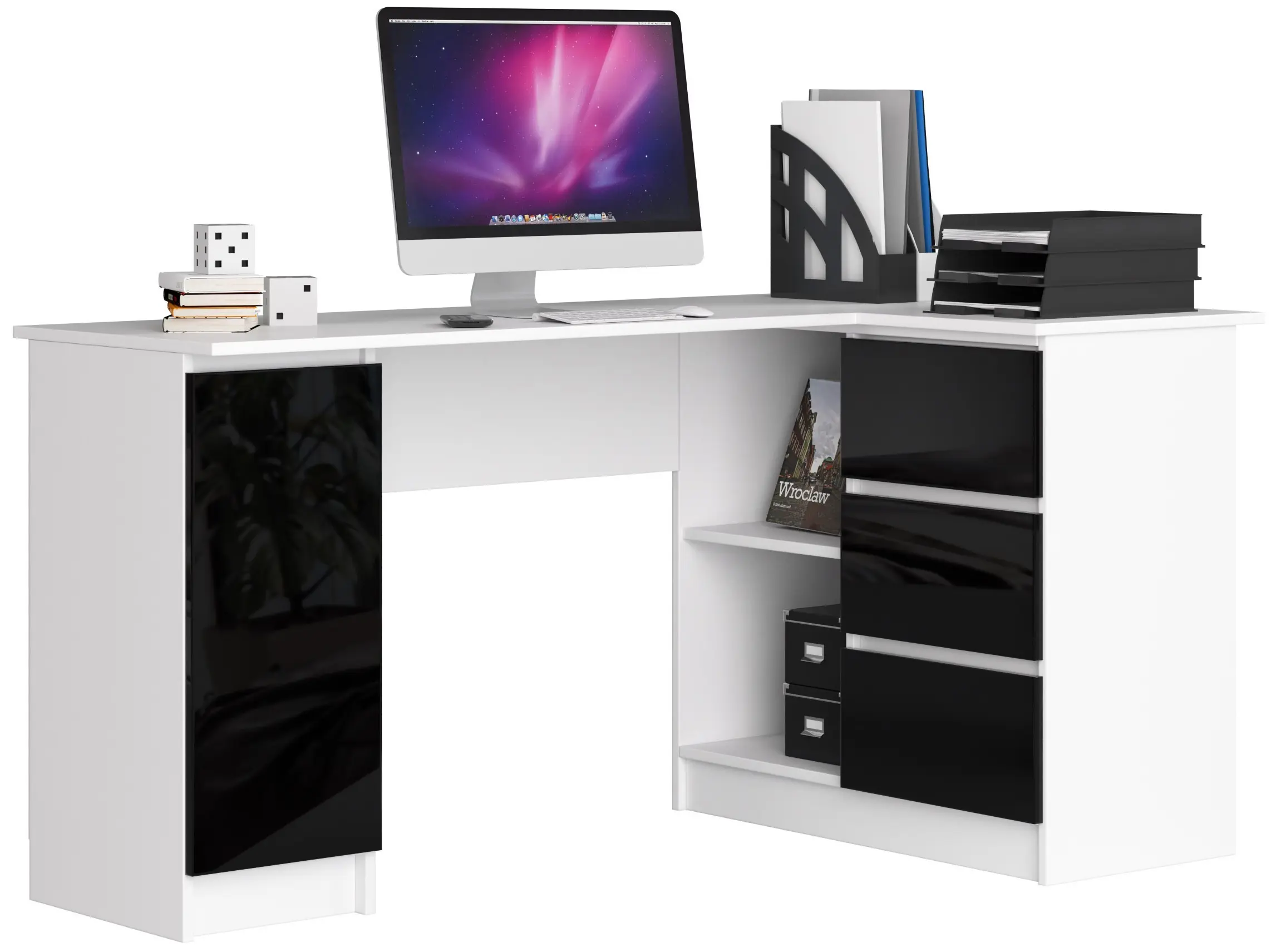 Ak furniture Rohový psací stůl B20 155 cm bílý/černý lesk pravý