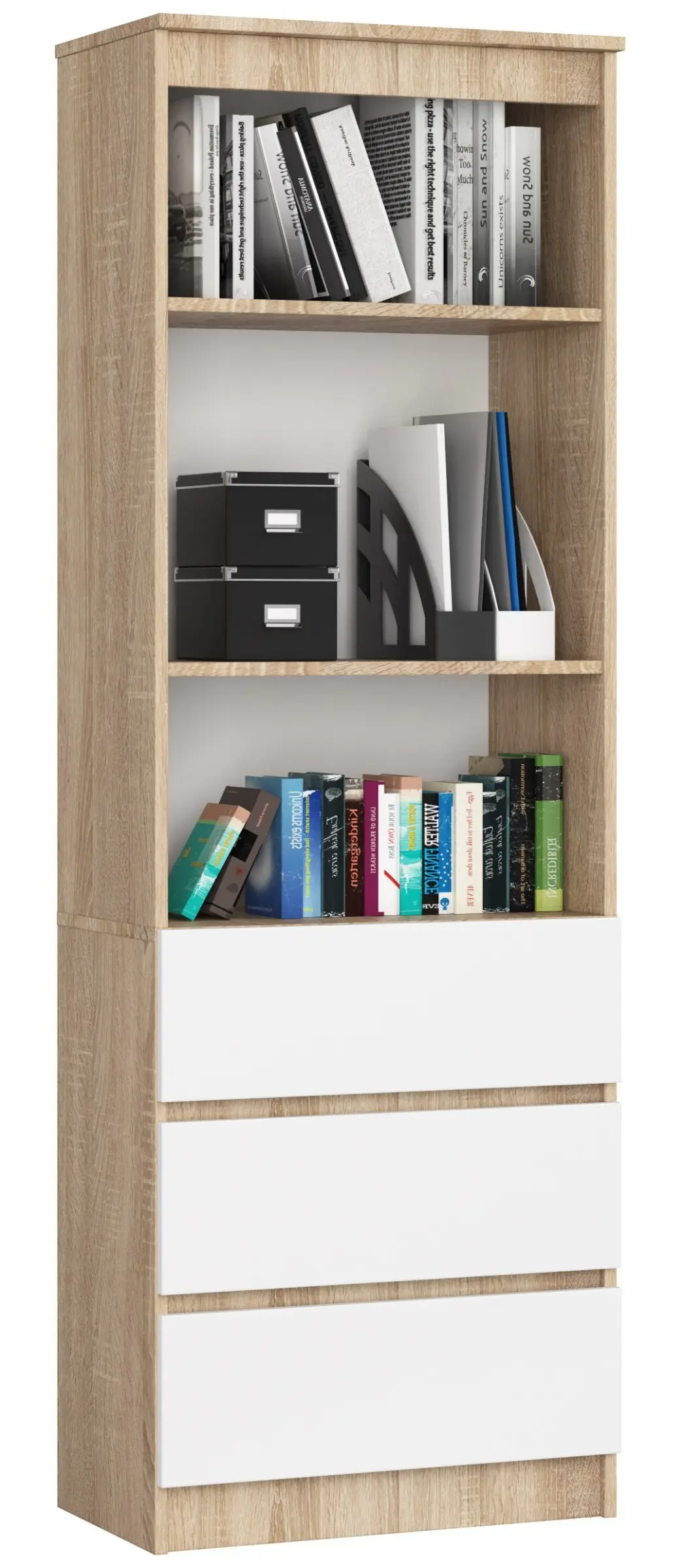 Ak furniture Kancelářský regál Rexa 60 cm 3 šuplíky a 2 police dub sonoma/bílý