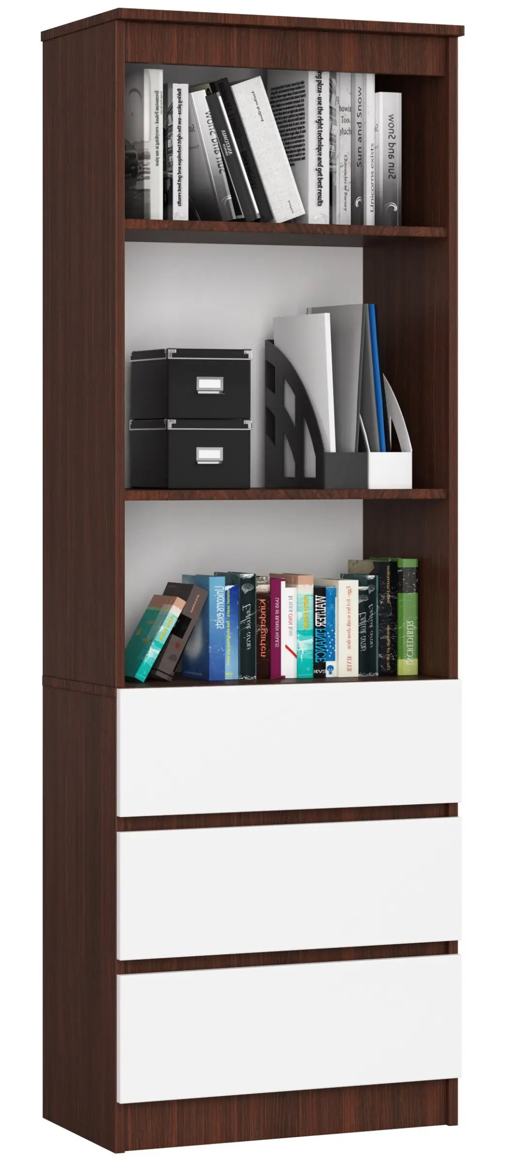 Ak furniture Knihovna Ronald 60 cm 3 šuplíky a 3 police wenge/bílá