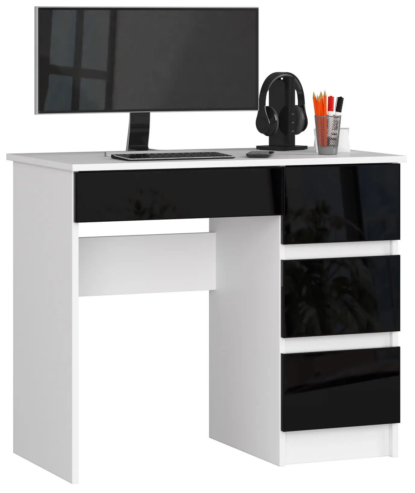 Ak furniture Psací stůl A-7 90 cm bílý/černý lesk pravý