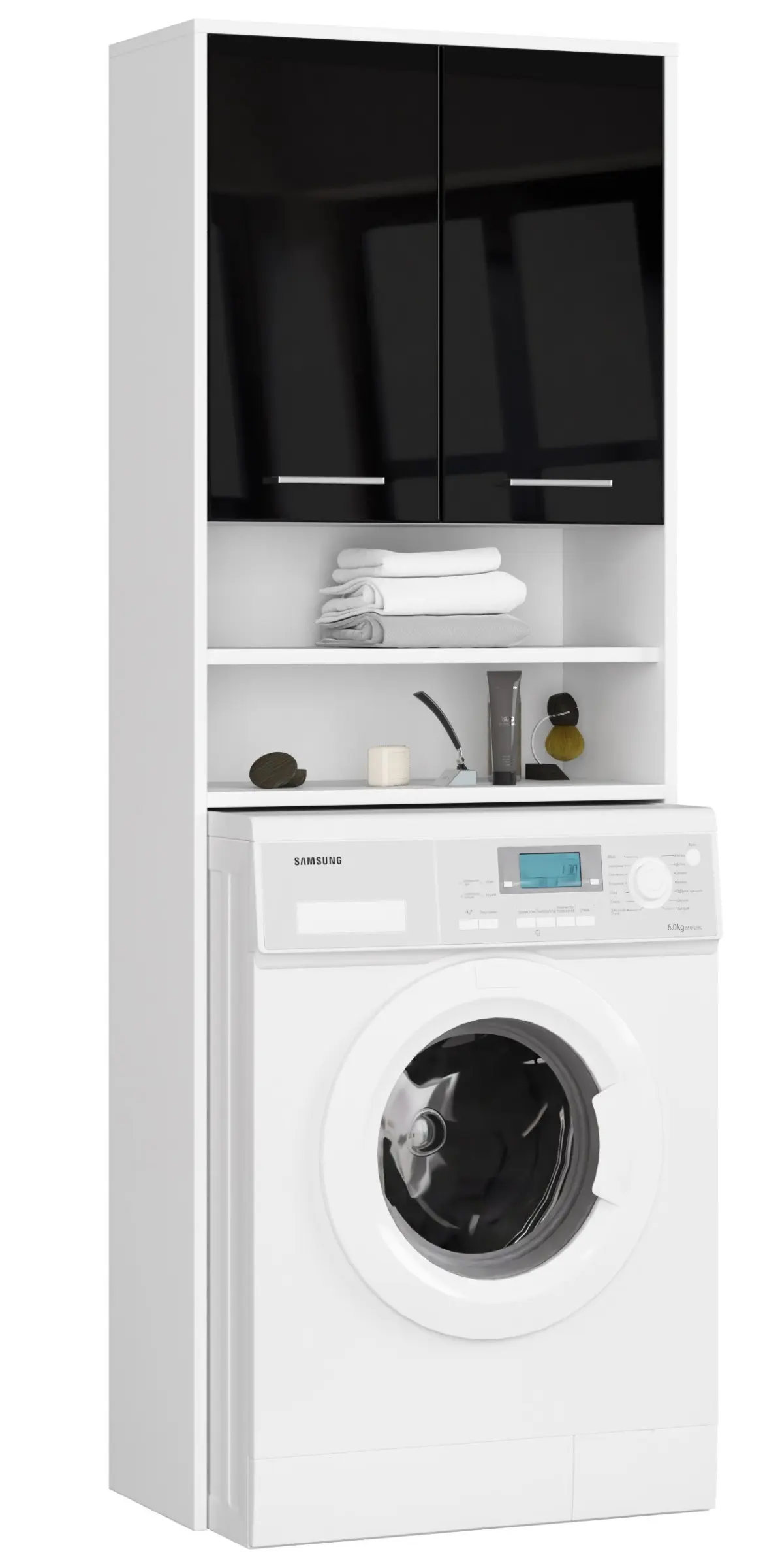 Koupelnová skříňka nad pračku FIN 2D bílá/černá, lesk