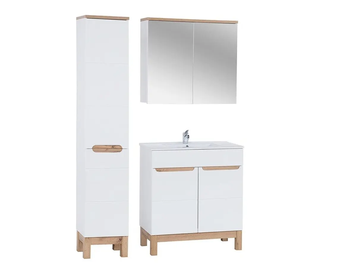 Comad Koupelnová sestava Bali 80 cm se skříňkami, zápustným umyvadlem a zrcadlem bílá/dub wotan