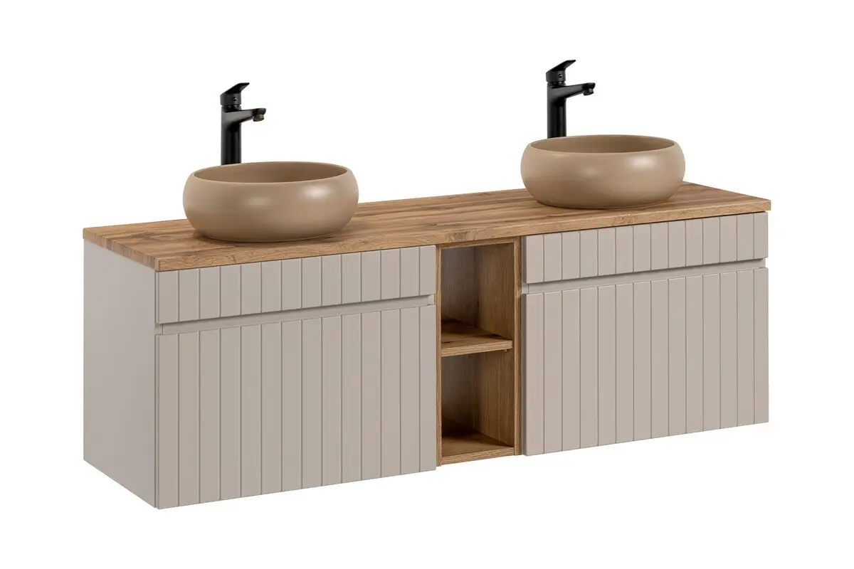 Comad Koupelnová skříňka s deskovými umyvadly set Iconic Cashmere 140 kašmír/dub coast evok
