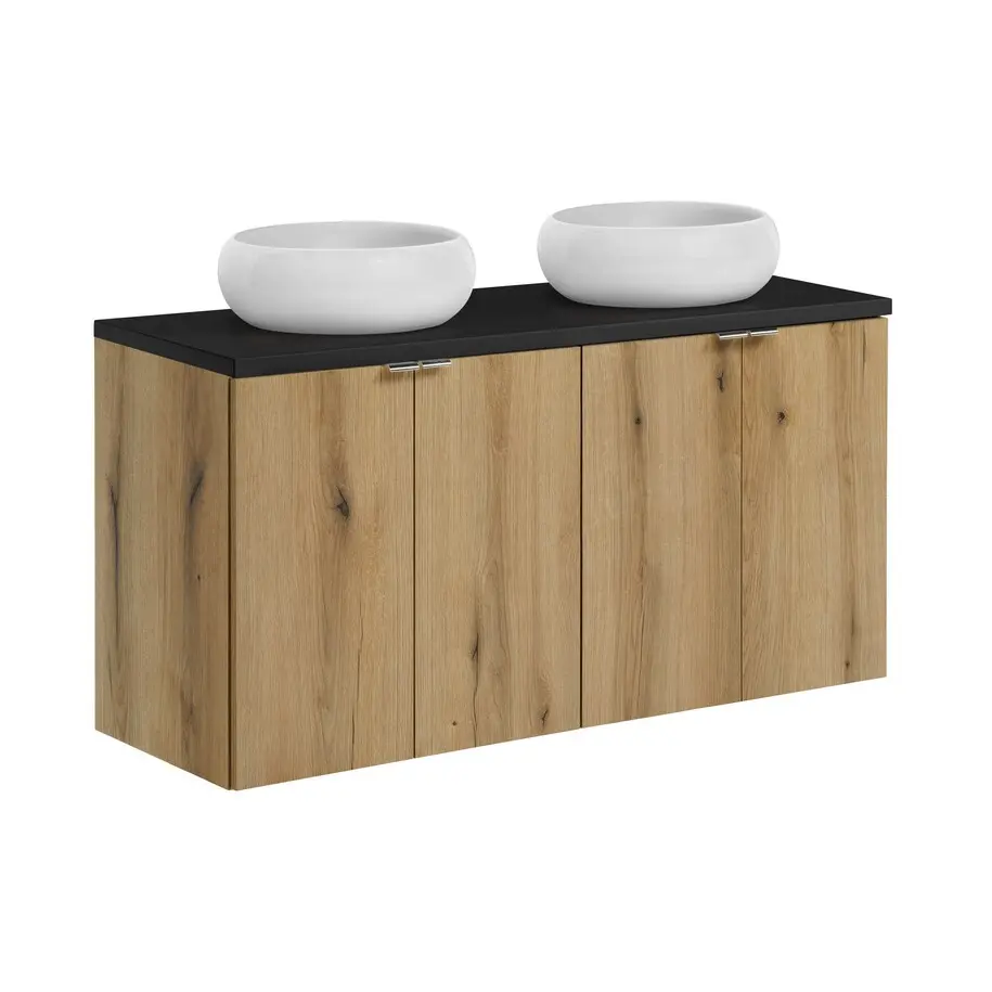 Comad Závěsná skříňka Nova Oak s deskou a umyvadly 120 cm dub evoke/černá