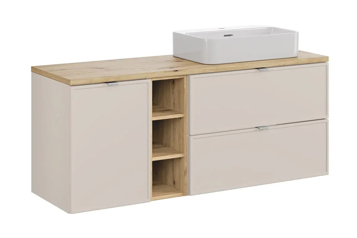 Comad Koupelnová skříňka s deskovým umyvadlem s košem na prádlo set Bella Cashmere 140 kašmír/dub artisan