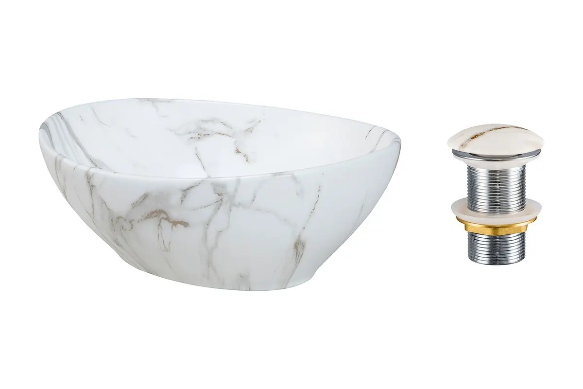 Comad Keramické umyvadlo na desku Pati 40x33 bílý mramor + výpusť Click-Clack bílý mramor