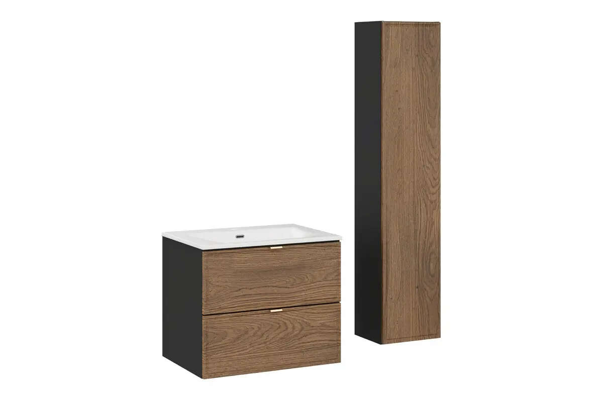 Comad Koupelnová sestava s deskou, skříňkami a zápustným umyvadlem Talia Casella 60 cm černý mat/dub casella