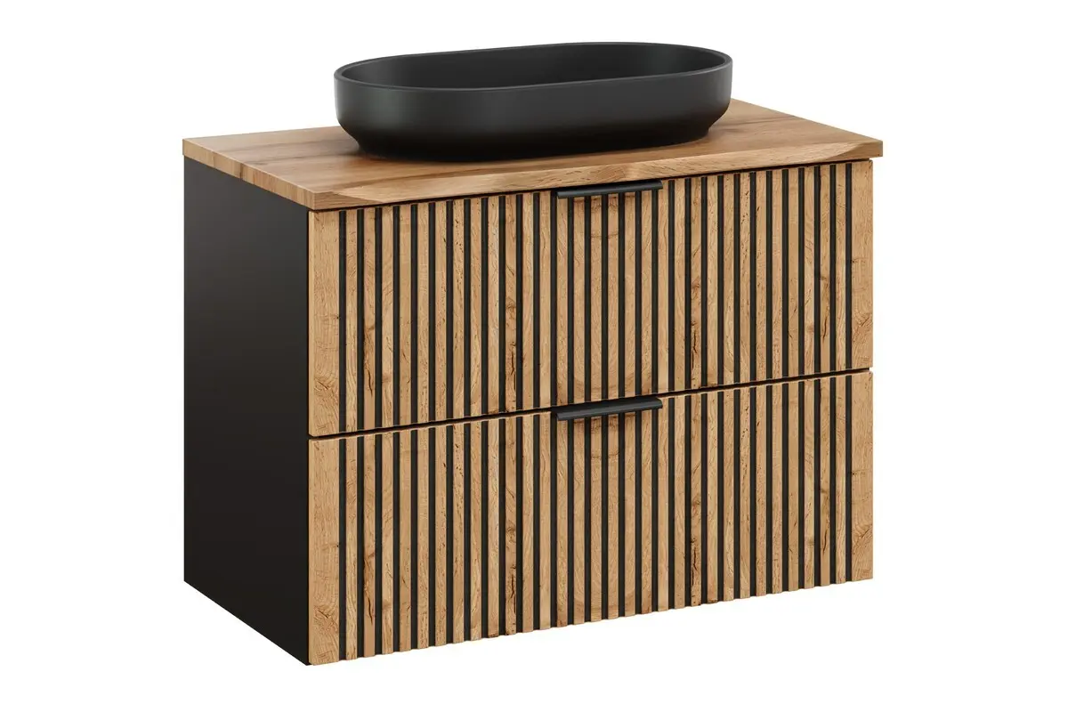 Comad Závěsná skříňka Casad Nature River s deskou a umyvadlem 80 cm dub wotan/černá